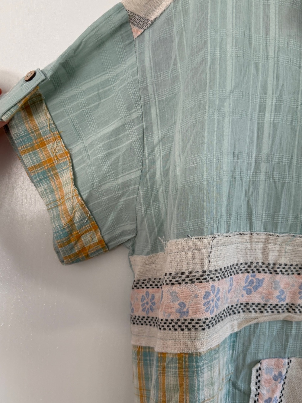Gigio Mint Patchwork Short-Sleeve Button-Up Shirt Plaid Floral Cotton XL - Picture 4 of 5